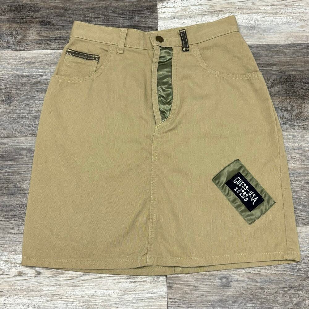 Vintage 80s 90s Guess Georges Marciano Tan Green Womens 26" Denim Mini Skirt USA